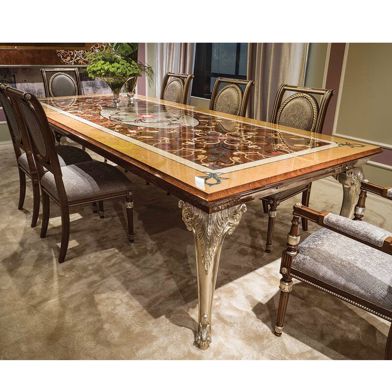 欧界金其利意式新古典餐桌法式别墅大宅贝壳木皮拼花实木金箔款 餐桌