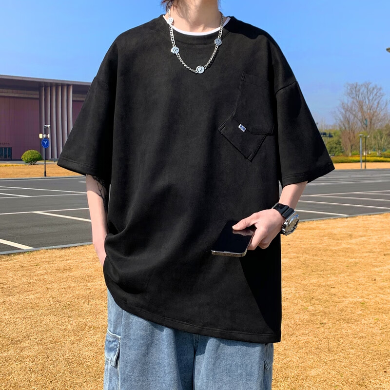 zh路途大码男装夏季美式短袖inst恤男女宽松港风拼接设计感日系 黑色