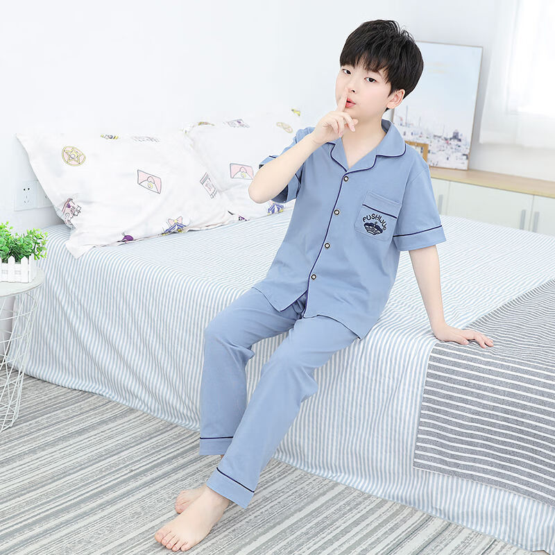 睡衣男童短袖棉夏季薄款5岁-8岁-16岁男孩中大童家居服夏天 蓝色小