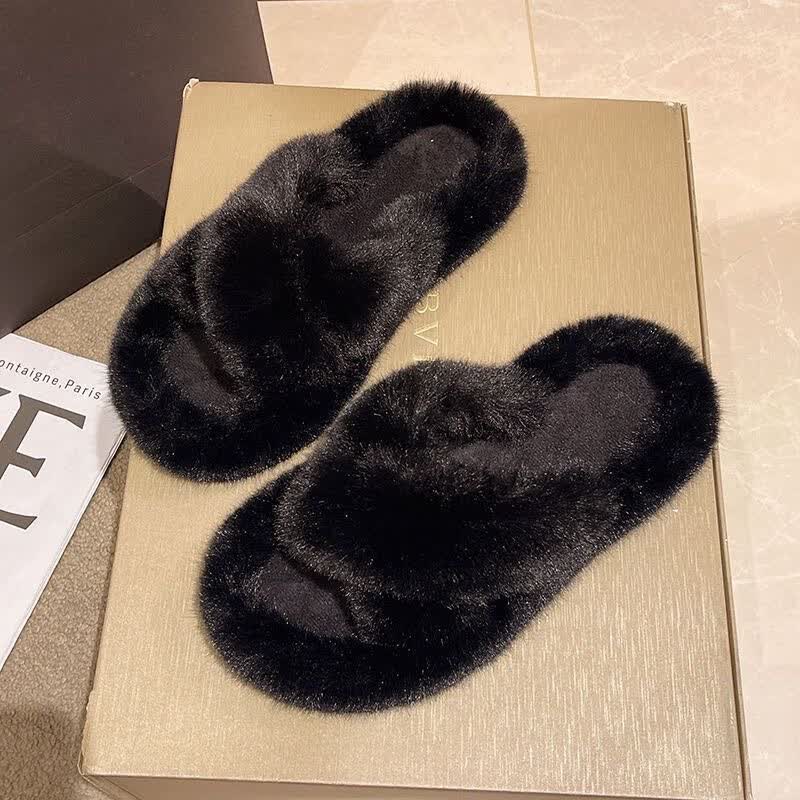 超厚底交叉毛毛拖鞋女秋冬外穿新款百搭室内小个子增高松糕棉拖鞋 黑色交叉带毛拖【2cm厚】 36-37