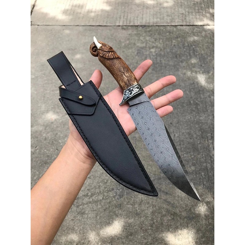 雨轩户外云卷纹大马刀刃花纹钢刀手工雕刻鹿角大象大马士革直刀户外