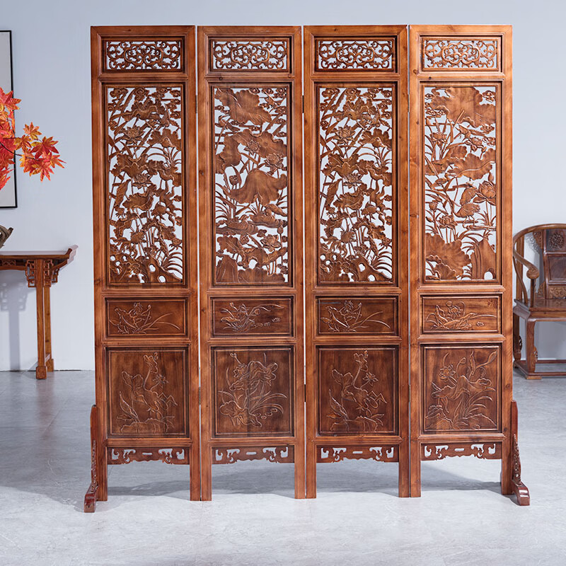 东阳精品木雕镂空雕刻木移动折叠屏风 三片荷花镂空雕花屏风-含底座