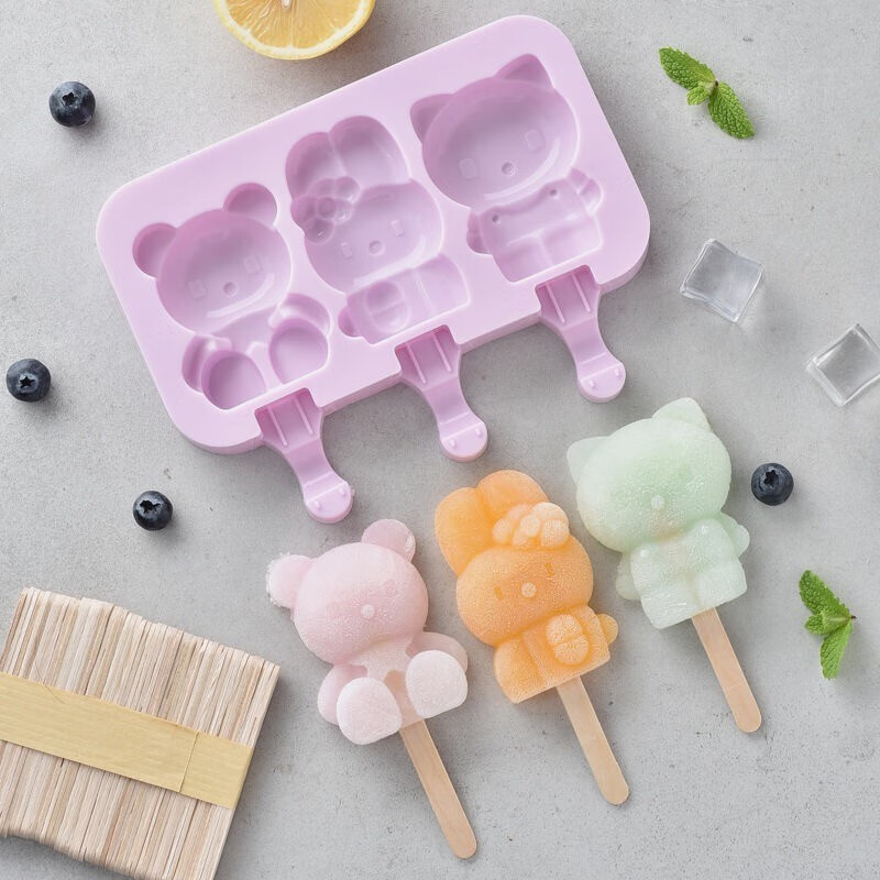 卡仕蒂（ka shi di） 雪糕模具硅胶家用卡通冰棍冰糕冰棒冰淇淋儿童冰块冰激凌冰盒冰格老冰棍棒冰 3连猫兔熊紫色送盖子+棍子50根