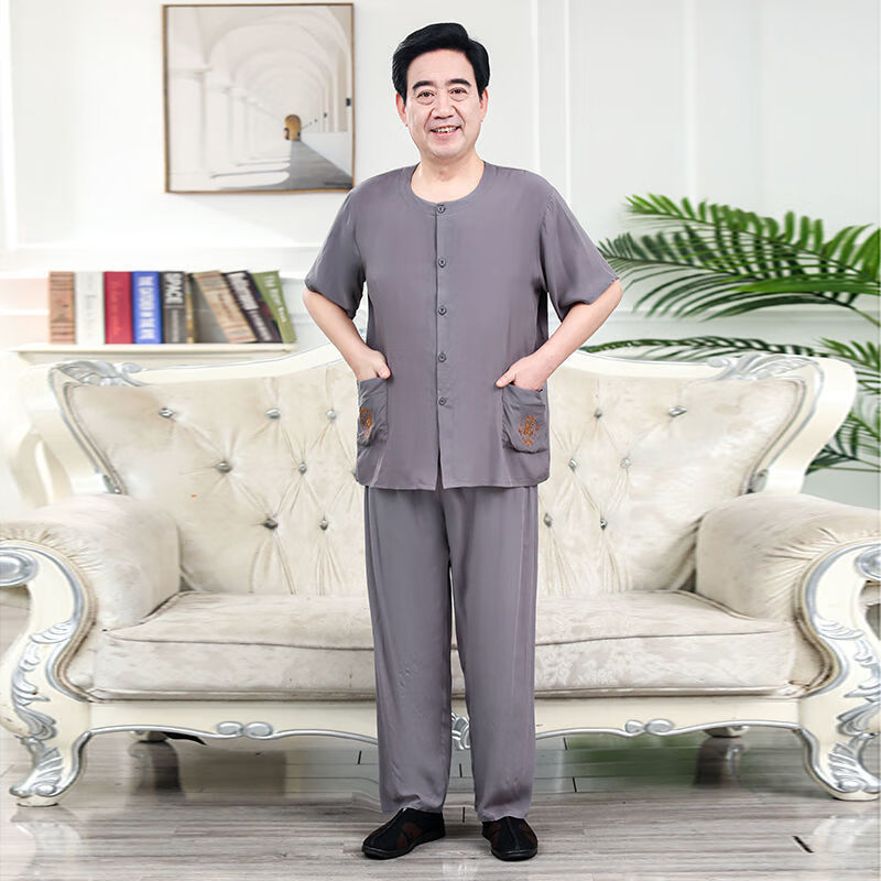 顺涛大爷老人爷爷衣服短袖一套中老年睡衣夏男士棉绸套装爷爷开衫长裤