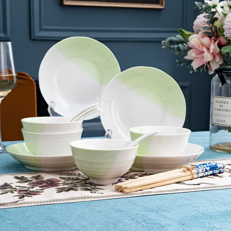16件和青双色碗盘套装 色釉餐具陶瓷碗碟套装米饭碗家用面碗菜盘子碗筷勺子餐具 和青 16件套装