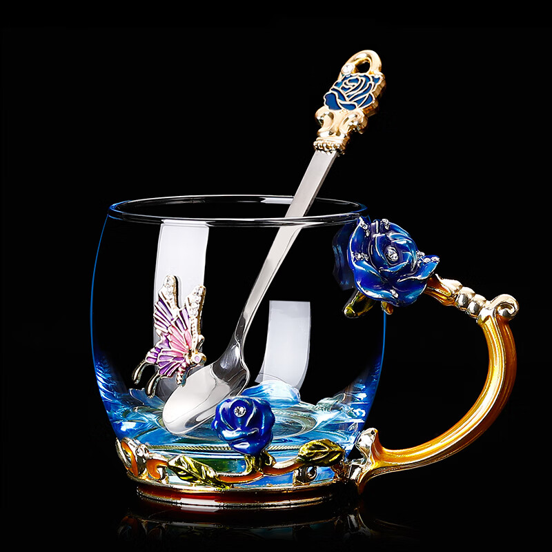 珐琅彩水杯耐热玻璃杯女花茶杯玫瑰花茶杯家用杯子套装大创意礼物 简装-蓝玫瑰矮+珐琅勺 杯布杯垫