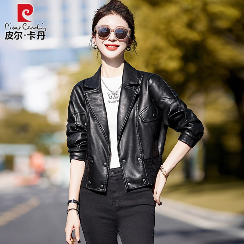 皮尔卡丹海宁绵羊真皮皮衣外套女春秋2023新款小个子短款羊皮夹克西装上衣 黑色 M属于什么档次？