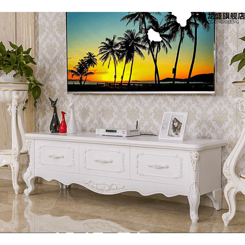 禧龙盛 欧式现代简约田园韩式地中海时尚描金地柜1.4米实木小户型电视柜 新三抽1.4米纯白描金 整装