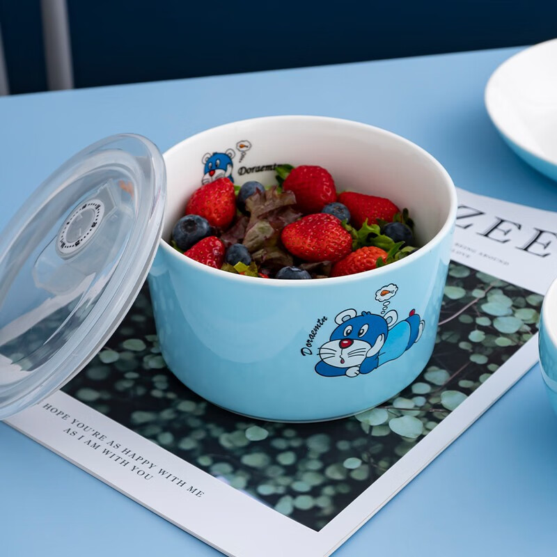 新骨瓷卡通色釉碗盘套装 创意猫咪餐具陶瓷碗碟米饭碗家用大面碗菜盘子鱼盘碗筷勺子餐具 蓝猫 2个5.5英寸保鲜碗