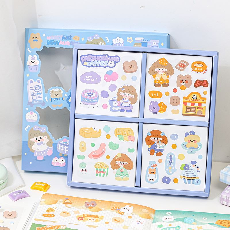 人物造景咕卡景物无边手帐素材贴画套装礼 软软爆米花小厨娘贴纸100张