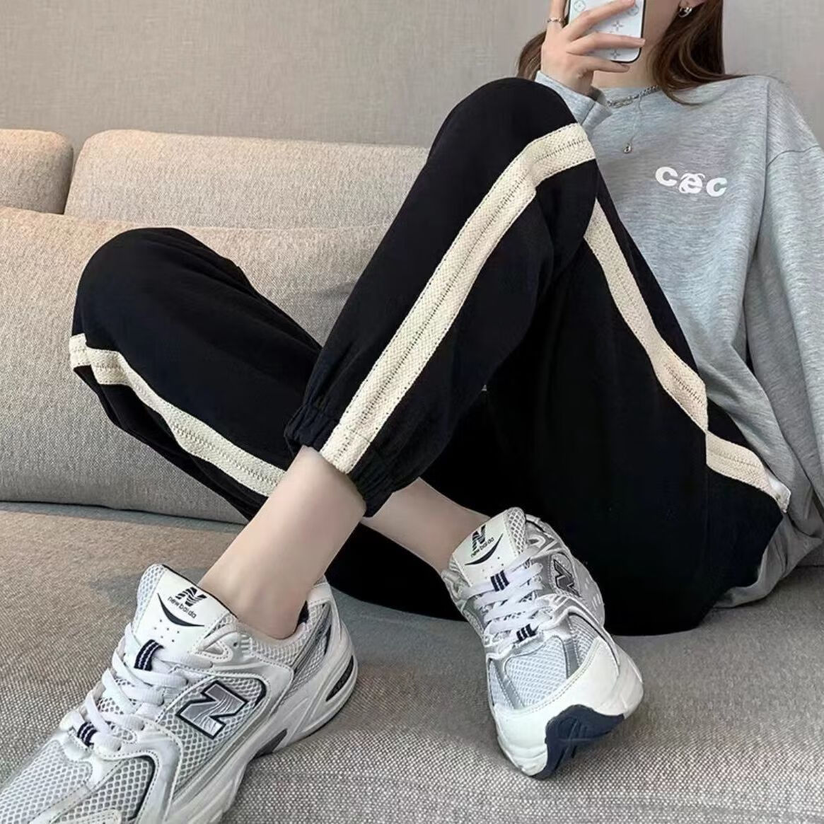 收脚扎脚运动裤女学生直筒裤夏季初高中生黑色运动裤女春夏季宽松束脚