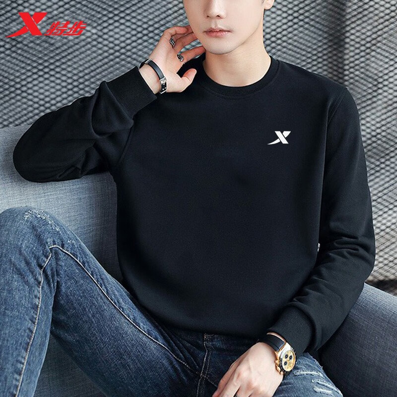 特步（XTEP）卫衣男衣服logo圆领运动服饰篮球服健身装男士春季跑步服 黑白 L(175)