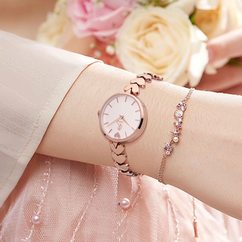 DK爱心表女士手表女简约石英表七夕新年生日情人节礼物送女友老婆 爱心钢带-玫瑰金色