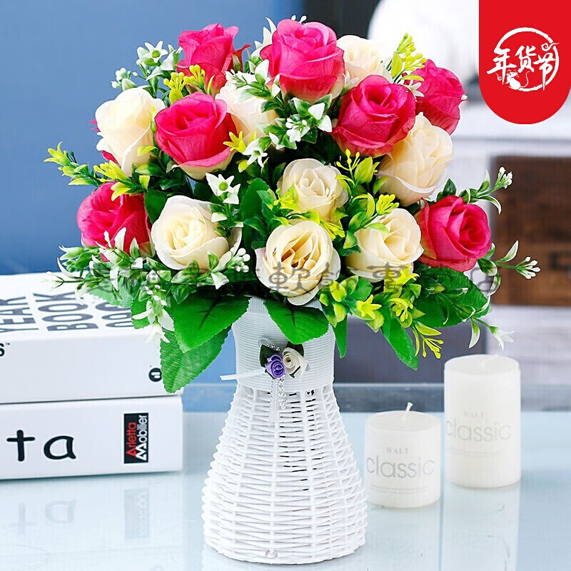 花餐桌卧室客厅装饰品摆设花酒柜创意摆件塑料花w 】 b2 束幸运玫紫色