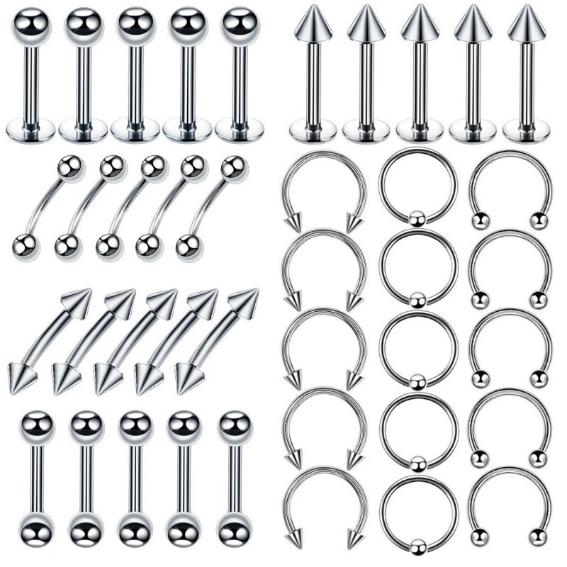 琉丽60个装穿孔穿刺饰品套装 唇钉舌钉耳骨钉鼻中隔环眉钉乳钉锁骨钉