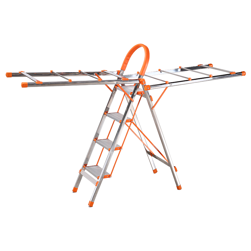 创硕 多功能梯子家用折叠伸缩人字梯晾衣架两用楼梯室内不锈钢扶梯 荧光橙四步梯