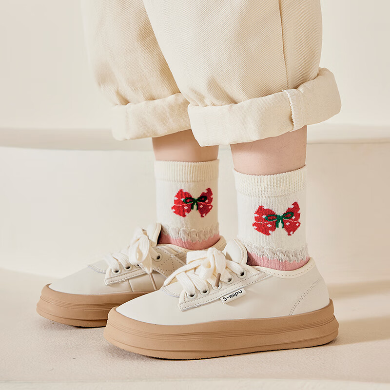 caramella儿童袜子男童女童棉袜亲肤透气中筒袜可爱卡通袜休闲 蝴蝶结草莓5色 5双 9-12岁 (XL)