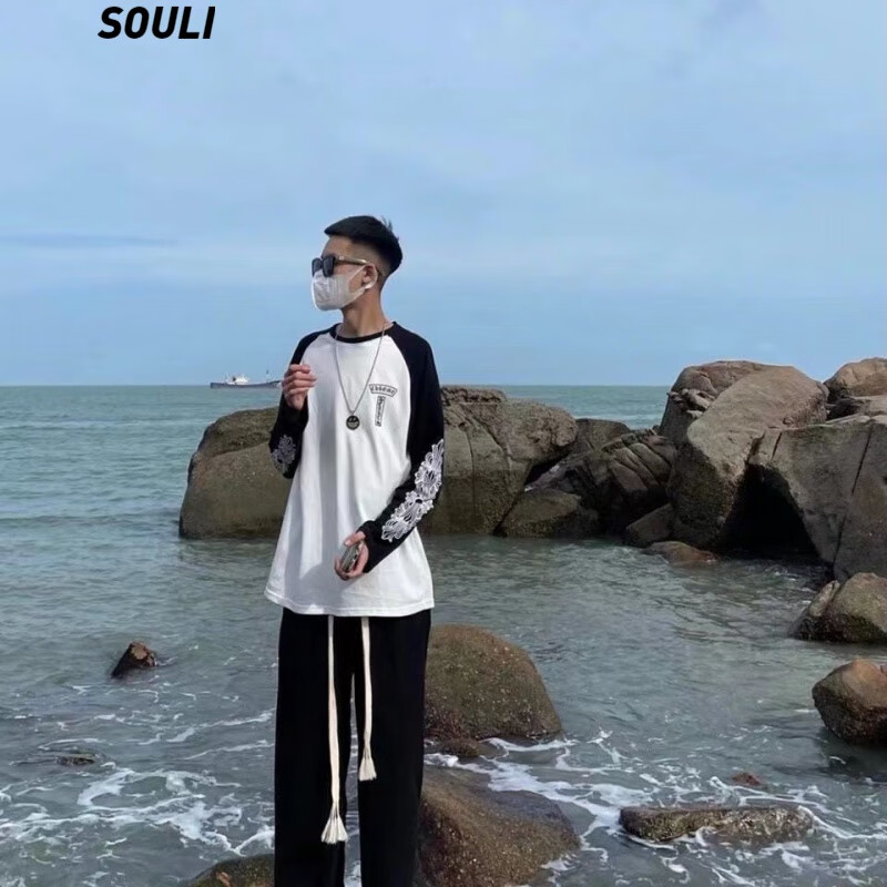 社会小伙春夏季拼接长袖上衣网红ins潮牌情侣衫精神小伙长袖t恤男宽松