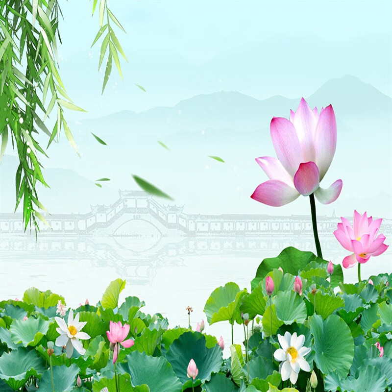 狸粑直播背景布3d立体 高清主播墙纸布3d山水大草原主竹林室外风景荷