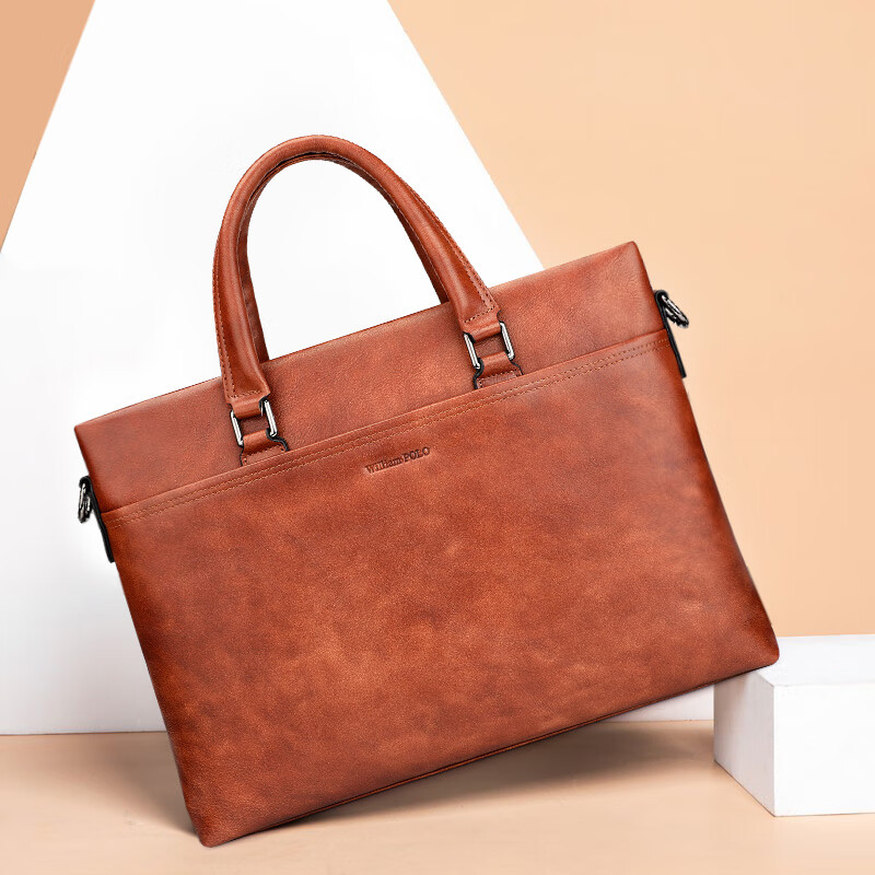 williampolo保罗男士公文包商务复古风真皮休闲电脑包单肩男斜跨包