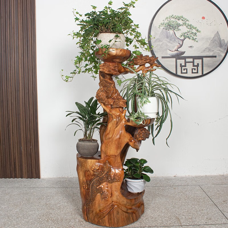 御腾臻藏香樟木根雕花架客厅树根木雕摆件实木根雕花架原木底座多层