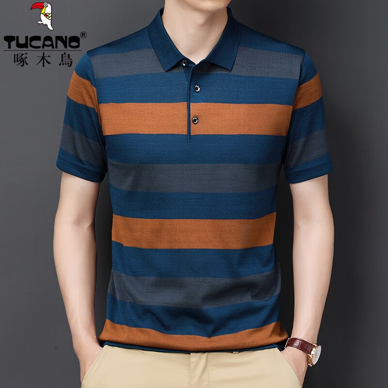 啄木鸟（TUCANO）针织短袖t恤男条纹Polo领体恤衫夏季中青年宽松薄款爸爸装男上衣 819黄色 190/4XL推荐180-200斤穿