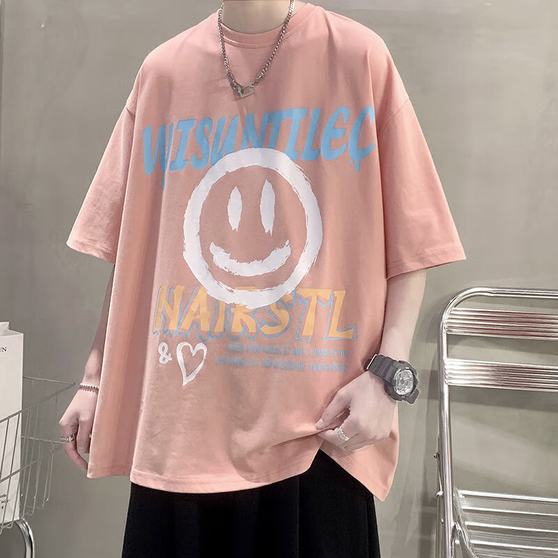 穿搭套装夏装短袖t恤男笑脸潮ins宽松夏季男装一套搭配帅 单件装粉色