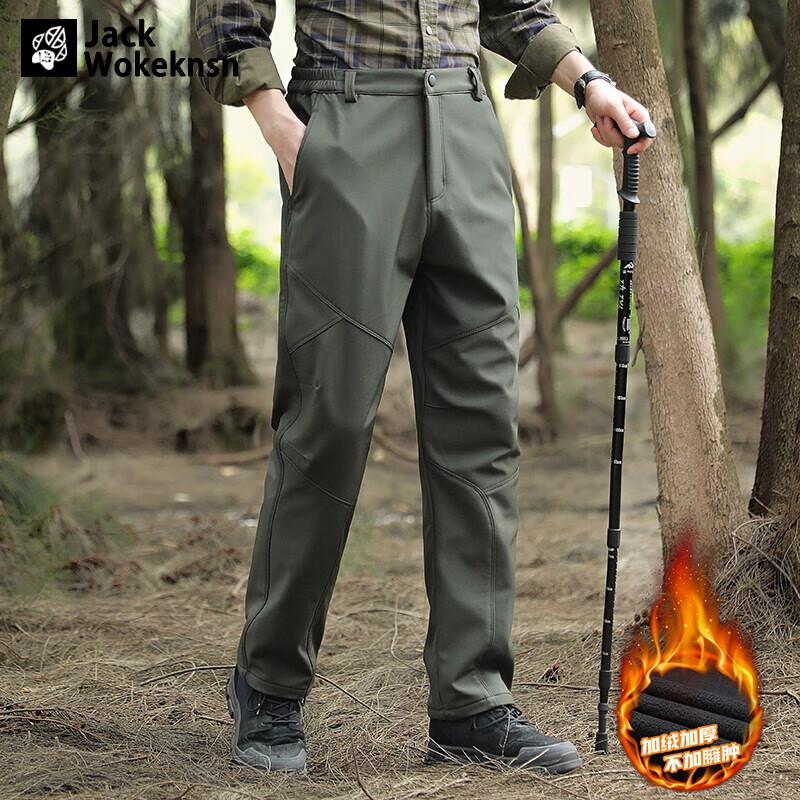 JACK WOKEKNSN狼爪云2023秋冬加绒加厚冲锋裤男户外防风防水战术长裤子男直筒裤 军绿 L