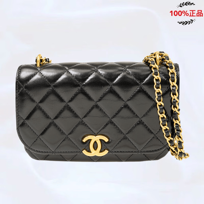 香奈儿(chanel)2023新款女包金扣菱格纹羊皮 翻盖链条单肩斜挎包 黑色