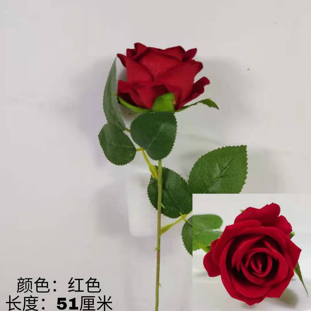 聪亭 仿真玫瑰花单支假玫瑰花客厅装饰花绒布红玫瑰仿真花束绢花 艳红