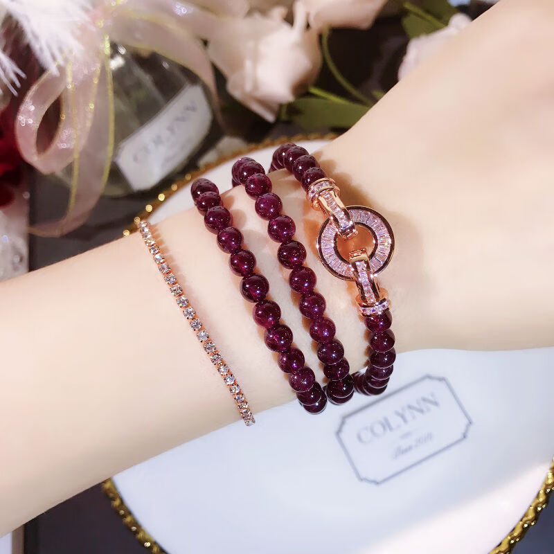 天然紫牙乌石榴石多圈水晶手链 玫紫色石榴石手串女礼物 图片色