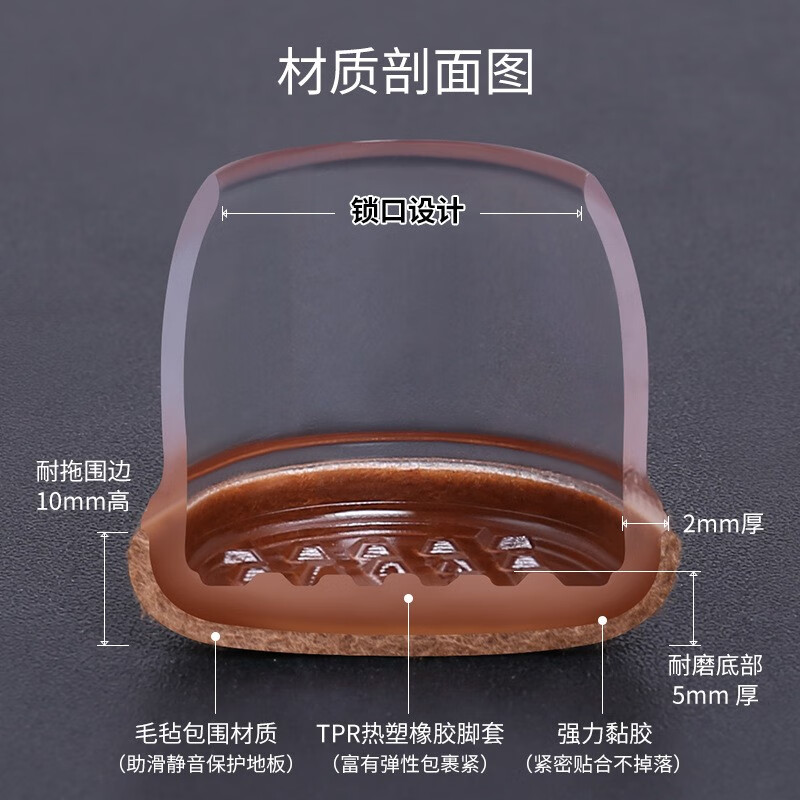 米德恩 凳子脚垫静音保护套椅子脚套方形圆口大号小号加厚板凳椅子腿 大号透明 方形-8个装