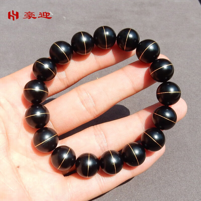 豪迎 精品收藏新疆漆黑如墨一细墨玉籽料错金工艺12mm圆珠