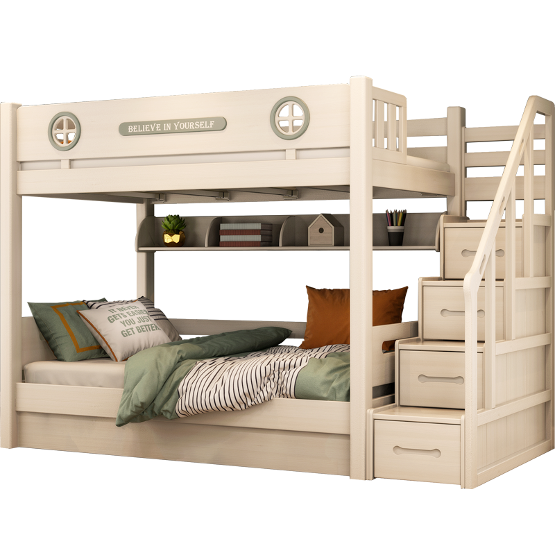 格杰 全实木儿童上下床双层床高低床子母床上下铺上下同宽床 高低床(带书架)+储物+梯柜 135*200cm