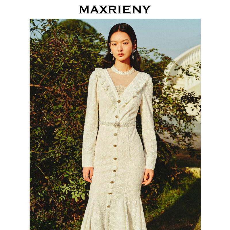 MAXRIENY【波动心弦】法式复古氛围感鱼尾裙修身V领蕾丝连衣裙 米白 M02