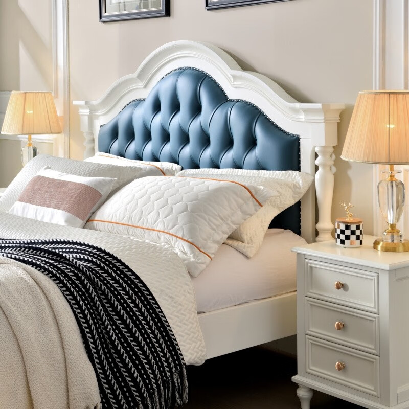 印作美式实木床主卧大床复古木床真皮软包床家具双人床卧室大床 1.8*2m白+蓝框架结构单床