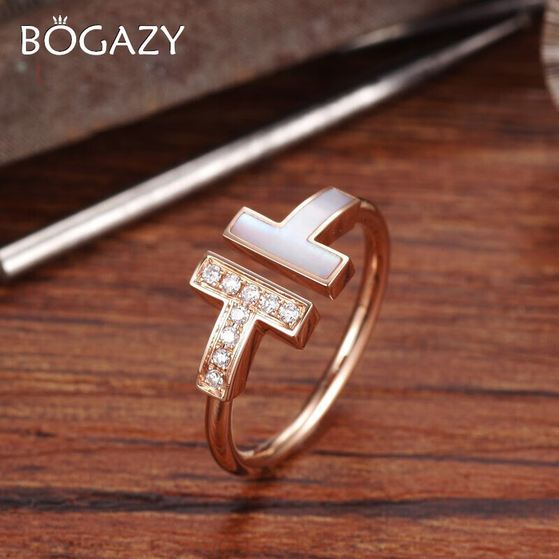 bogazy珠宝双t玫瑰金镶嵌珍珠贝母彩金戒指女开口戒指生日礼物520礼物