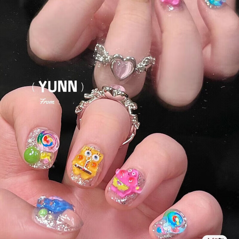 馨友佳卡通可爱手工穿戴甲海绵宝宝派大星短款美甲成品贴片可穿戴假