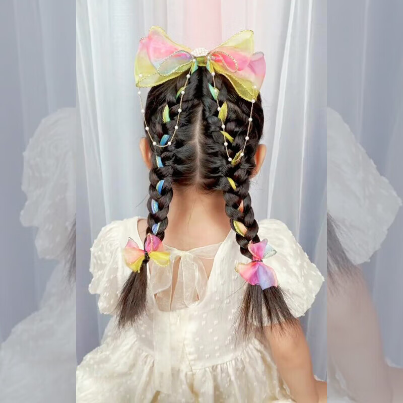 荷蓝珠幻彩渐变蝴蝶结飘带发夹女童超仙编发小女孩韩国马尾飘带网红