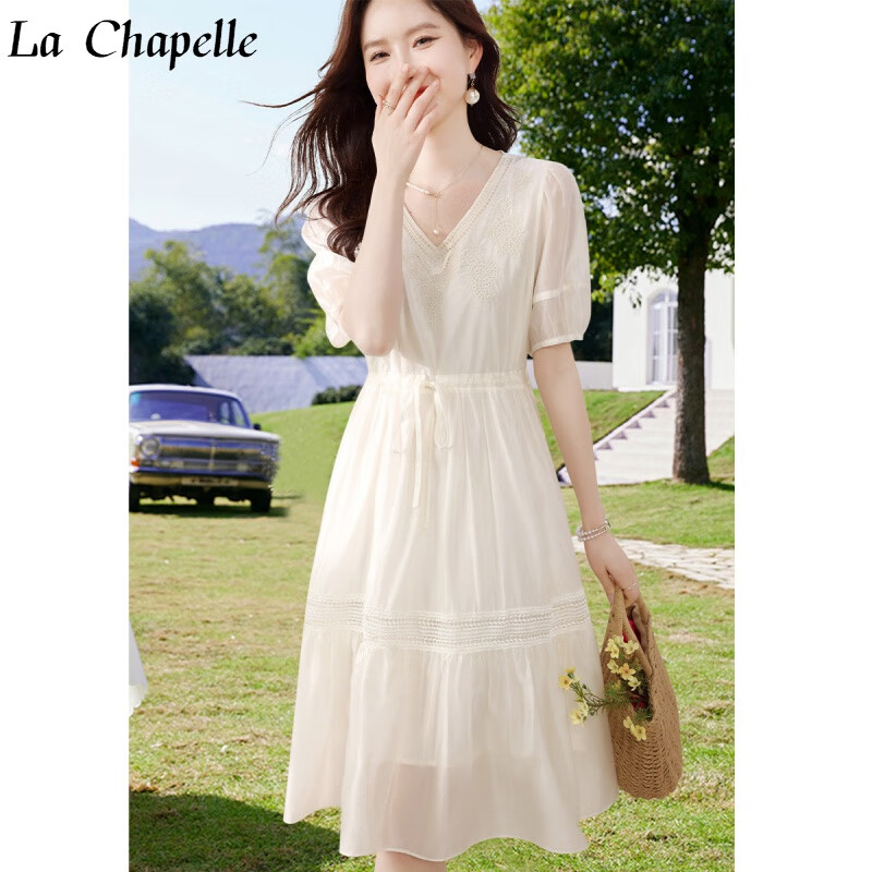拉夏贝尔（La Chapelle）女装法式连衣裙2023夏季新款浪漫气质感泡泡袖V领薄款女A字裙 米色 M