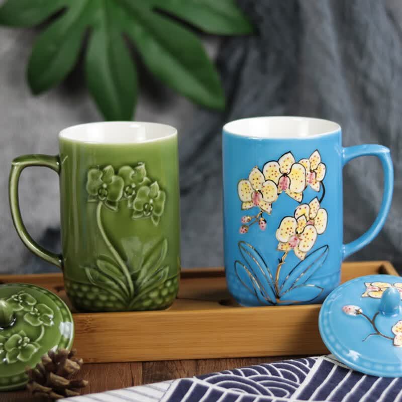 乾唐轩活瓷杯【官方授权】蝴蝶兰花高杯陶瓷杯办公茶杯水杯带盖送人礼品 耀州绿