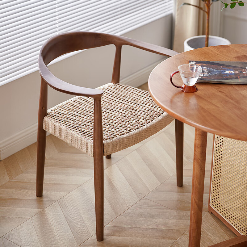 丘林瑟中古实木餐椅家用复古靠背绳编黑胡桃木椅子书房