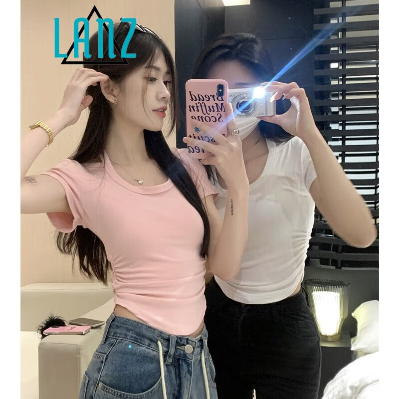 岚烨小心机镂空露肩挂脖系带短款t恤女修身显瘦辣妹风正肩短袖上衣夏