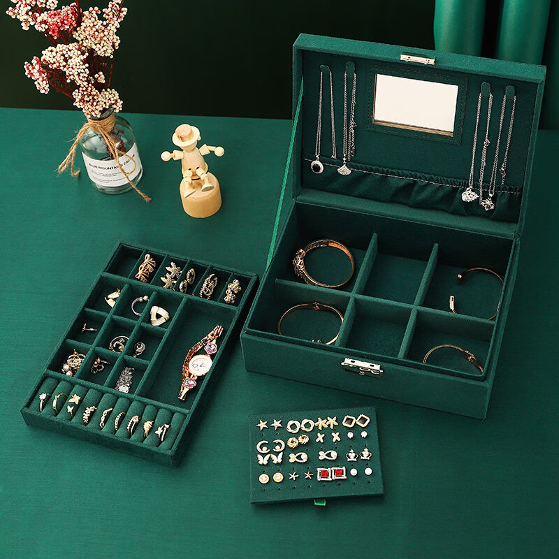 首饰收纳盒结婚中国风女公主欧式饰品盒 带镜双层绒布墨绿【全新设计