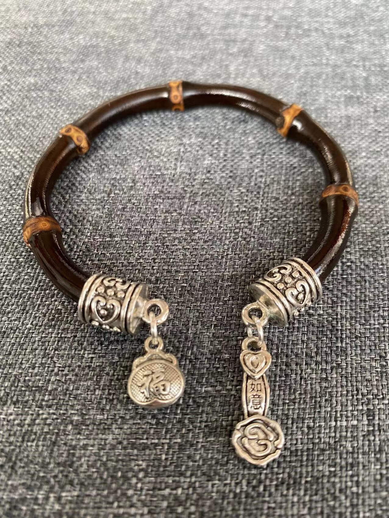 zbjp银饰款紫竹根手镯多节鸡血藤手镯男女情侣简约手环饰品野生 手围