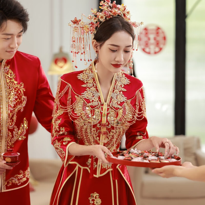 礼服200斤胖mm中式嫁衣低v领结婚龙凤褂高端 翻领款 s 胸围84体重90