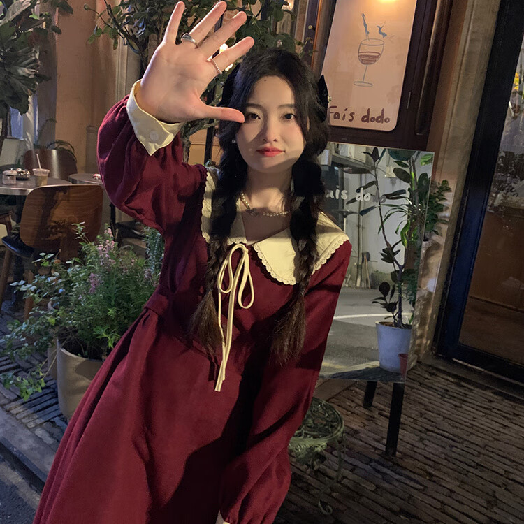 幻领格小个子女生显瘦长袖雪纺连衣裙秋冬新年战袍圣诞氛围感小红裙