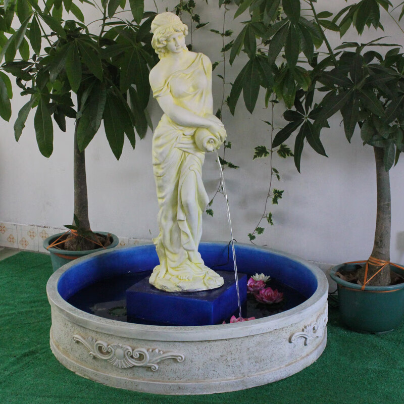 欧式大型喷泉流水喷水塑雕美女抱双罐 庭院花园大厅摆件装饰品 卡其色