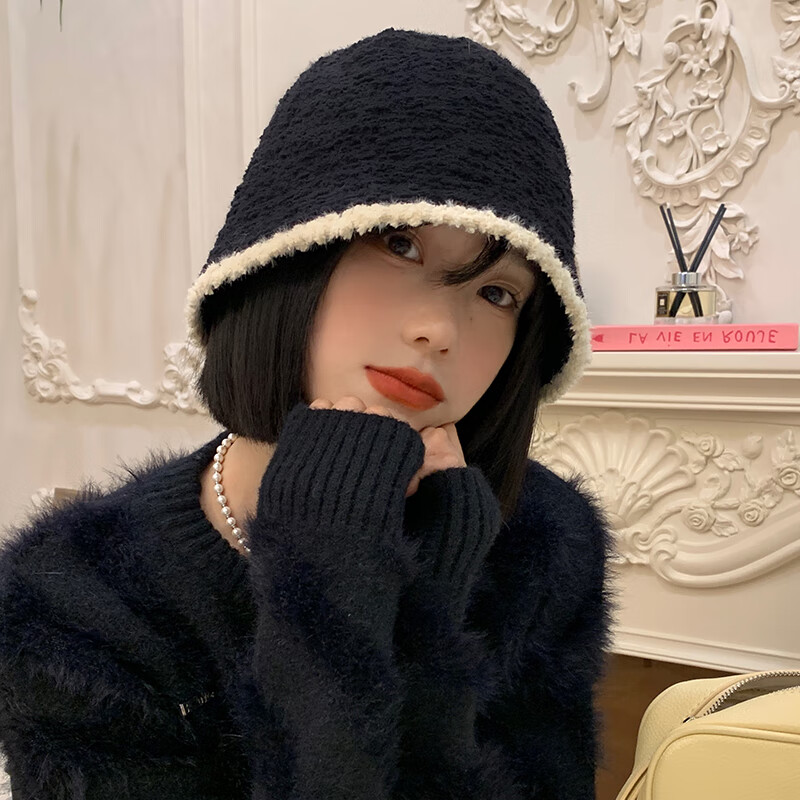 适合短发戴的帽子女士黑色针织毛绒渔夫帽女秋冬季新款大头围水桶帽