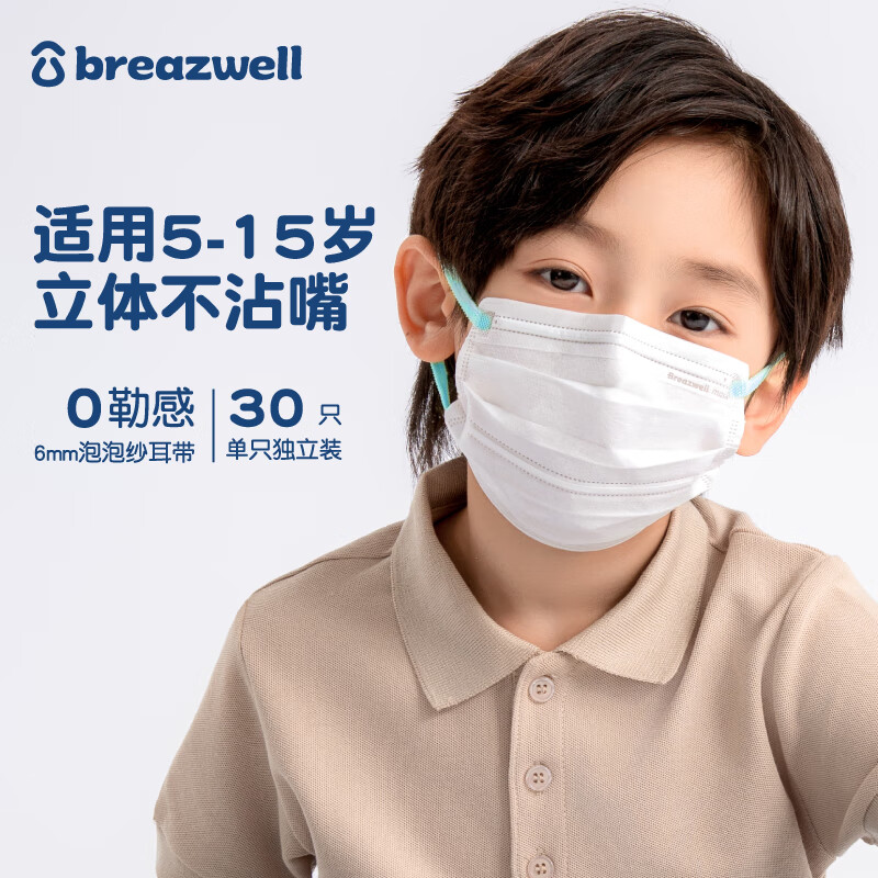 松研（Breazwell)儿童尺寸口罩彩色耳挂绳创意个性轻薄透气一次性儿童独立包装30只袋装